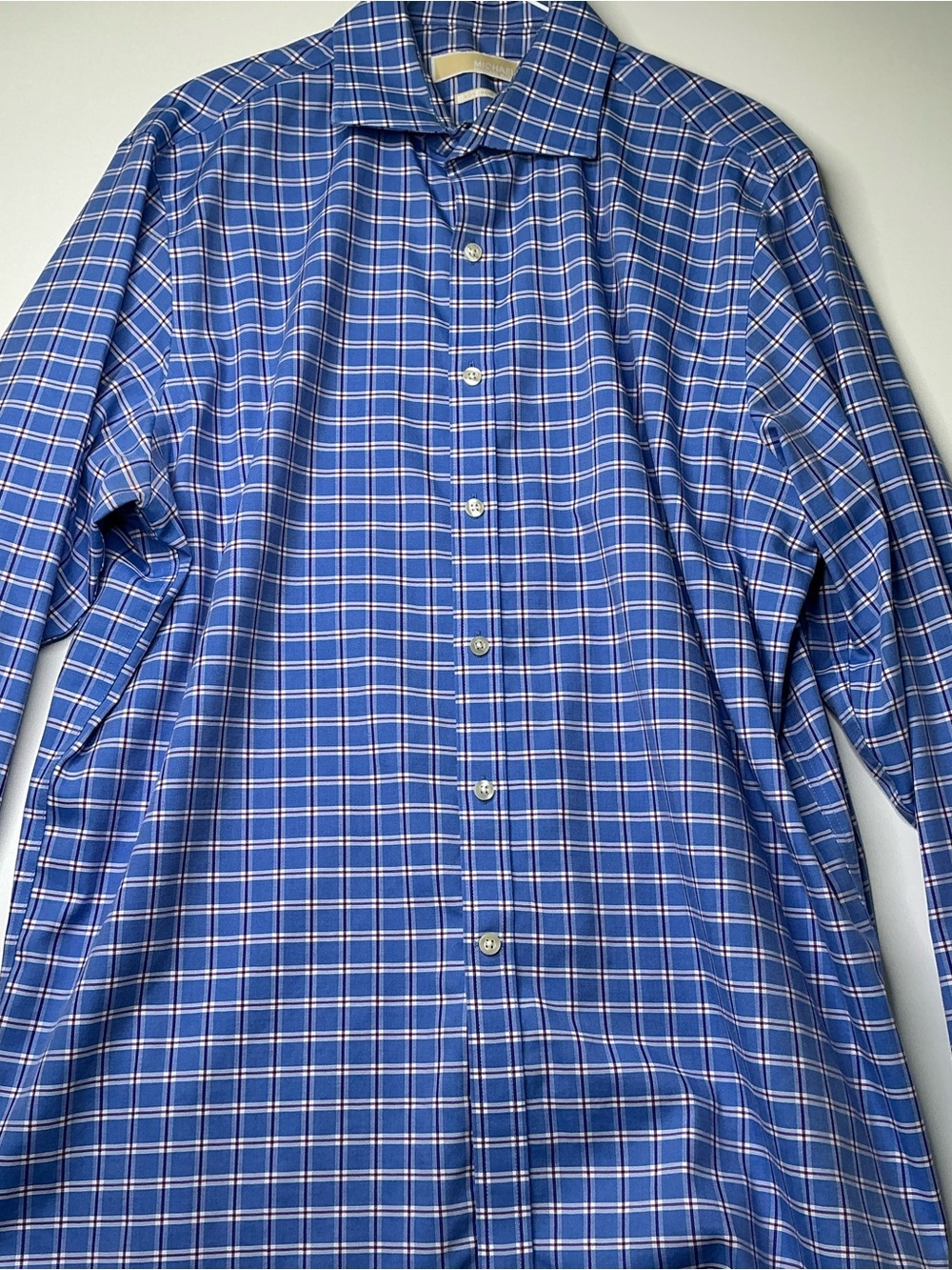 Michael Kors Mens Shirt Sz 16.5 34/35 Blue Plaid Button Up Non Iron Dress Shirt